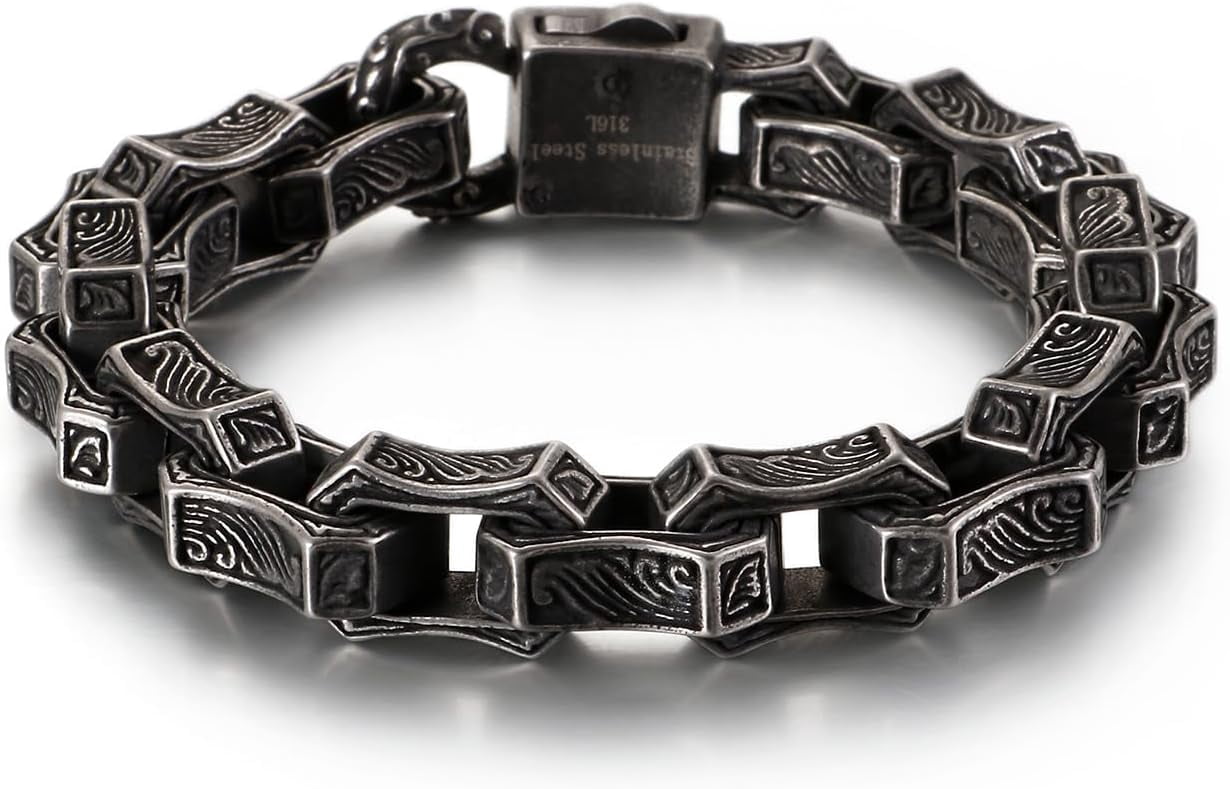 Cuban Link Bracelet for Men Stainless Steel Wave Engraved Chain Men's Bracelet Vintage Silver Bracelet for Men Unique Jewelry Gifts for Him