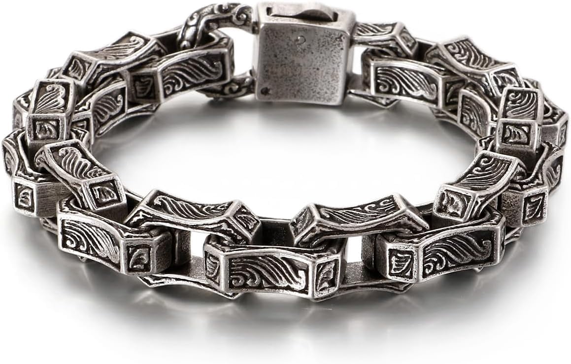 Cuban Link Bracelet for Men Stainless Steel Wave Engraved Chain Men's Bracelet Vintage Silver Bracelet for Men Unique Jewelry Gifts for Him
