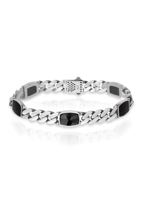 Cuban Link Bracelet with Rectangular Black Enamel, Rhodium Plated .925 Sterling Silver