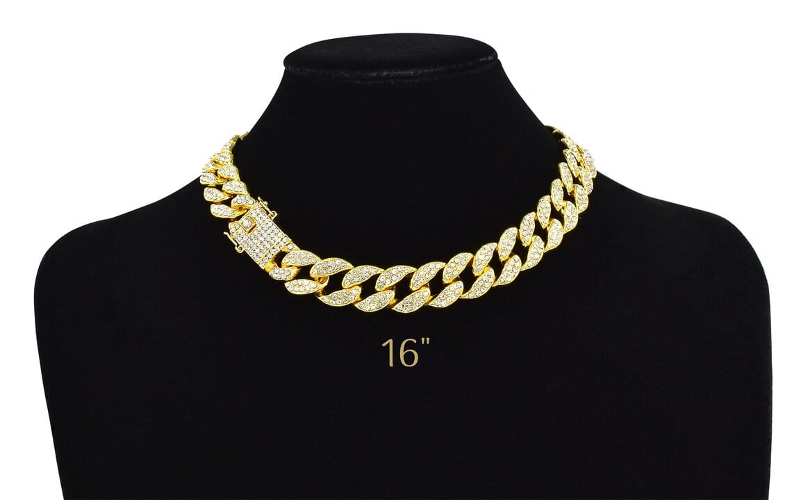 MIAMI JEWELERS INC Cuban Link Chain Iced Out 15MM 18k Gold Plated Simulated Diamond CZ Pave | Choker | Necklace | Gold Tone Hip Hop Bling