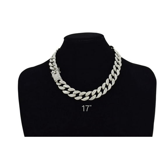 Cuban Link Chain Iced Out 15MM 18k Silver Plated Simulated Diamond CZ Pave | Choker | Necklace | Silver Tone Hip Hop Bling