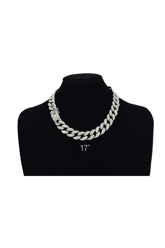 Cuban Link Chain Iced Out 15MM 18k Silver Plated Simulated Diamond CZ Pave | Choker | Necklace | Silver Tone Hip Hop Bling
