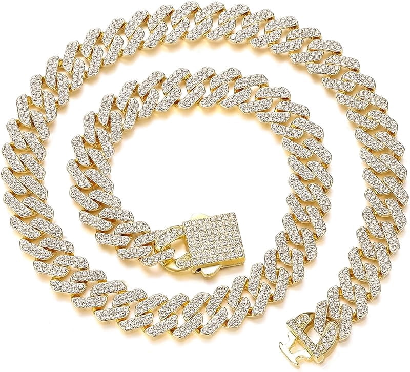 Cuban Link Chain Mens Ice Out Miami Cuban Necklace Silver/Gold Bling ...