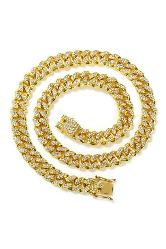 Cuban Link Chain Miami Cuban Necklace Gold/Silver Plated Diamond Cut Stainless Steel Chain for Men Women 13mm Iced Out Hip Hop Jewelry