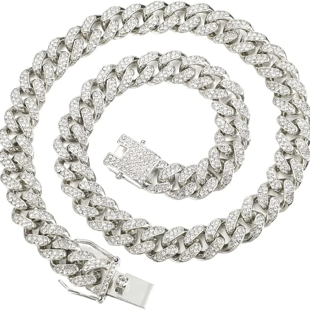 Cuban Link Chain Miami Cuban Necklace Gold/Silver Plated Diamond Cut Stainless Steel Chain for Men Women 13mm Iced Out Hip Hop Jewelry