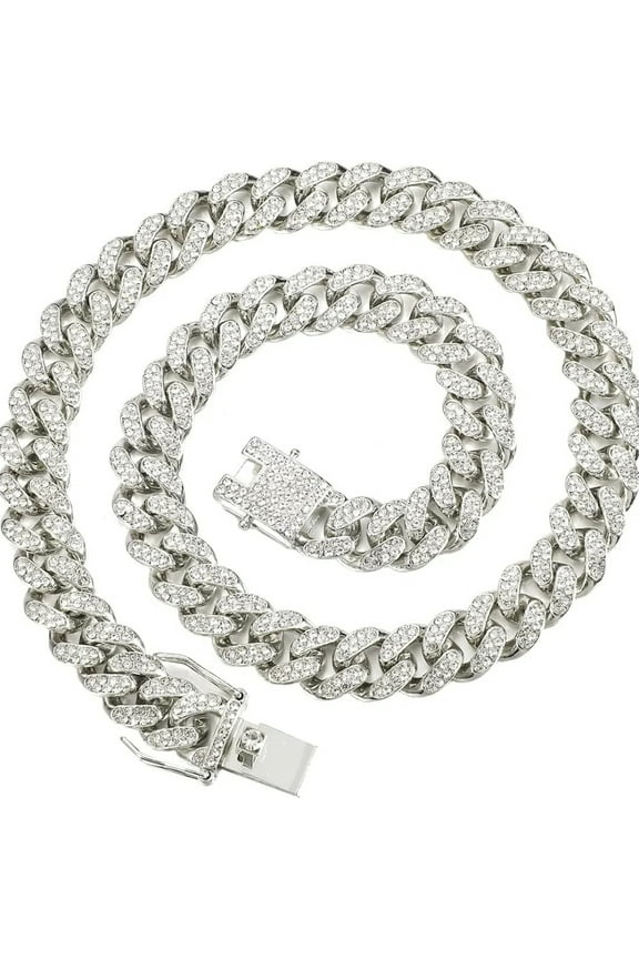 Cuban Link Chain Miami Cuban Necklace Gold/Silver Plated Diamond Cut Stainless Steel Chain for Men Women 13mm Iced Out Hip Hop Jewelry