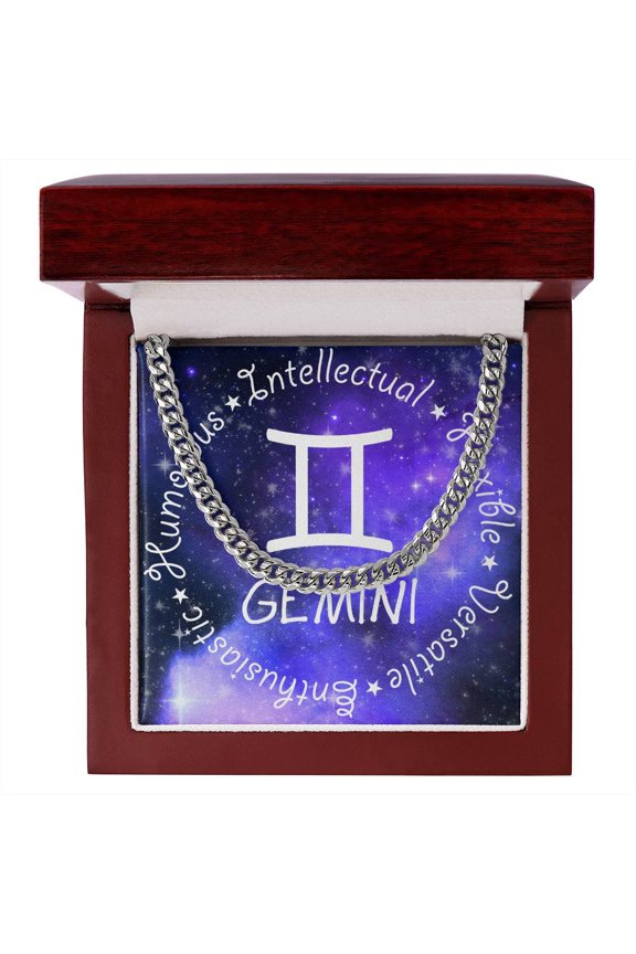 Cuban Link Chain Necklace - Gemini Theme, Cuban Link Chain - Stainless Steel/ Yellow Plated - Message Card & Gift Box