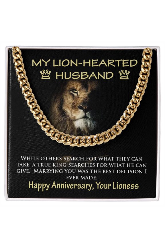 Cuban Link Chain Necklace Gift for Lion Husband King, Cuban Link Chain - Stainless Steel/ Yellow Plated - Message Card & Gift Box