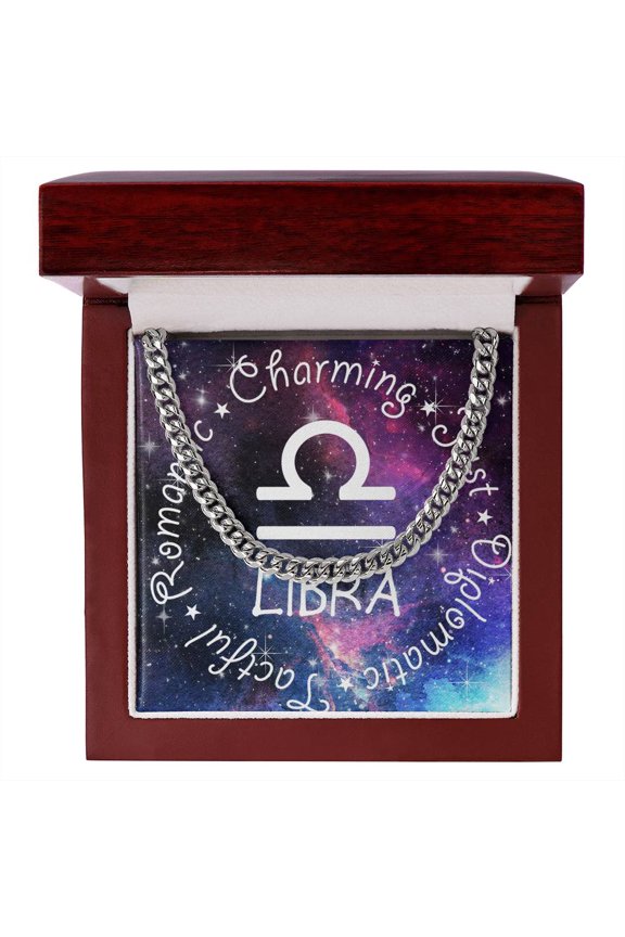 Cuban Link Chain Necklace - Libra Theme, Cuban Link Chain - Stainless Steel/ Yellow Plated - Message Card & Gift Box