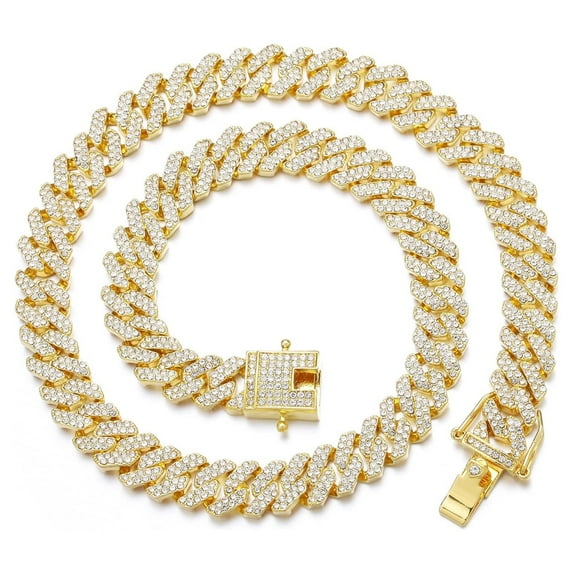 Cuban Link Chain for Mens, Iced Out Miami Cuban Necklace Bling Diamond Hip Hop Jewelry for Women,Gold, 18in