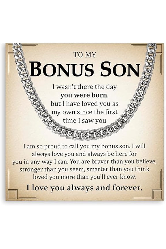 Cuban Link Chain for Stepson from Stepdad, Chain Necklace for Bonus Son from Bonus Mom, Birthday Gift for Step Son With Message Card and Gift Box