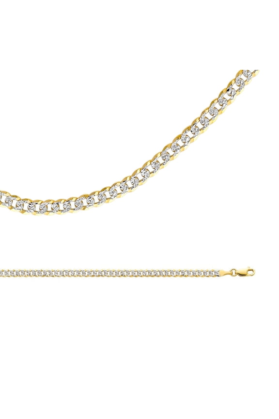 Cuban Necklace Solid 14k Yellow White Gold Chain Diamond Cut Curb Pave Two Tone Links, 4 mm - 22 inch