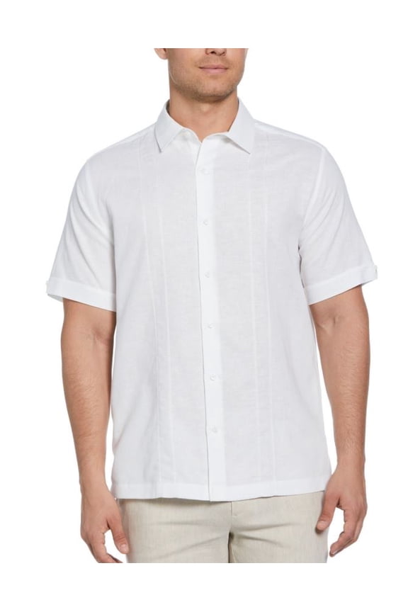 Men's Linen Blend Embroidered Panel Short Sleeve Shirt, Large