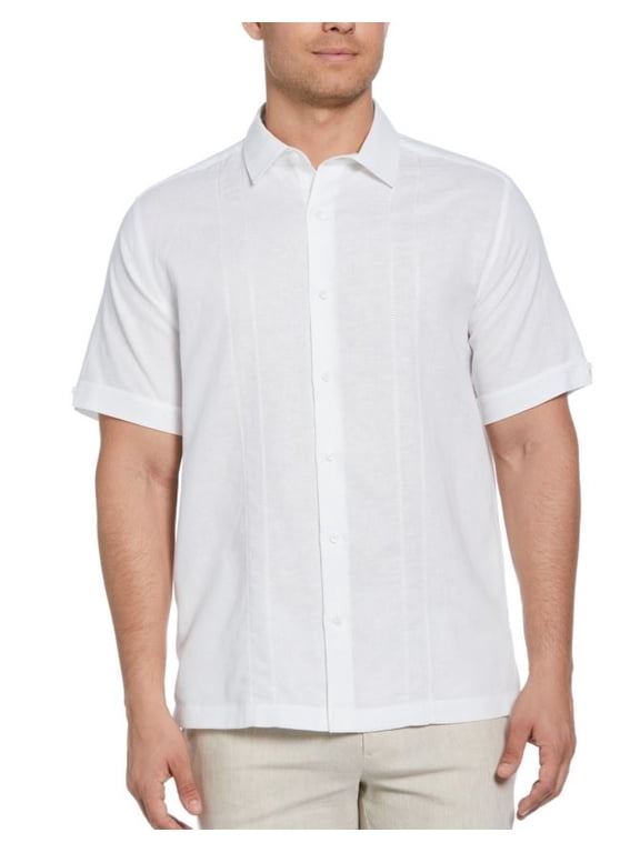 Men's Linen Blend Embroidered Panel Short Sleeve Shirt, XL