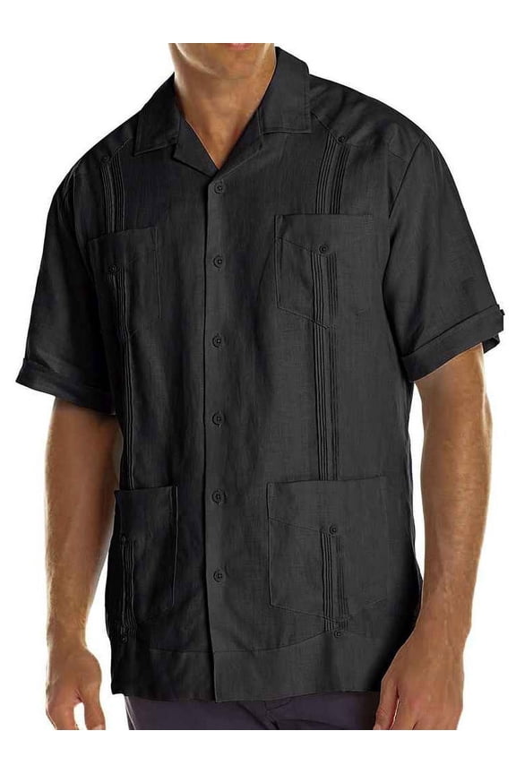 Men's Short Sleeve 100% Linen Guayabera SIZE:2X COLOR:BK