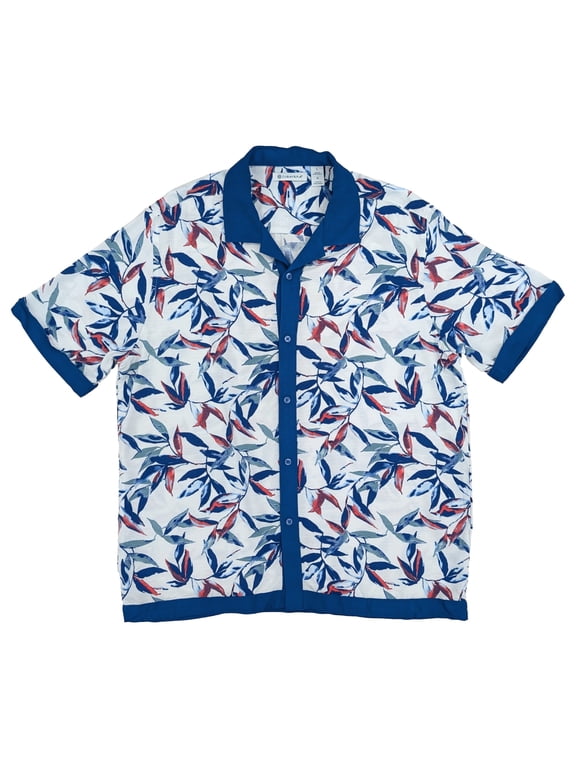 Mens Brilliant White Short Sleeve Button-Front Leaf Print Shirt XXL