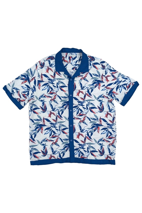 Mens Brilliant White Short Sleeve Button-Front Leaf Print Shirt XXL