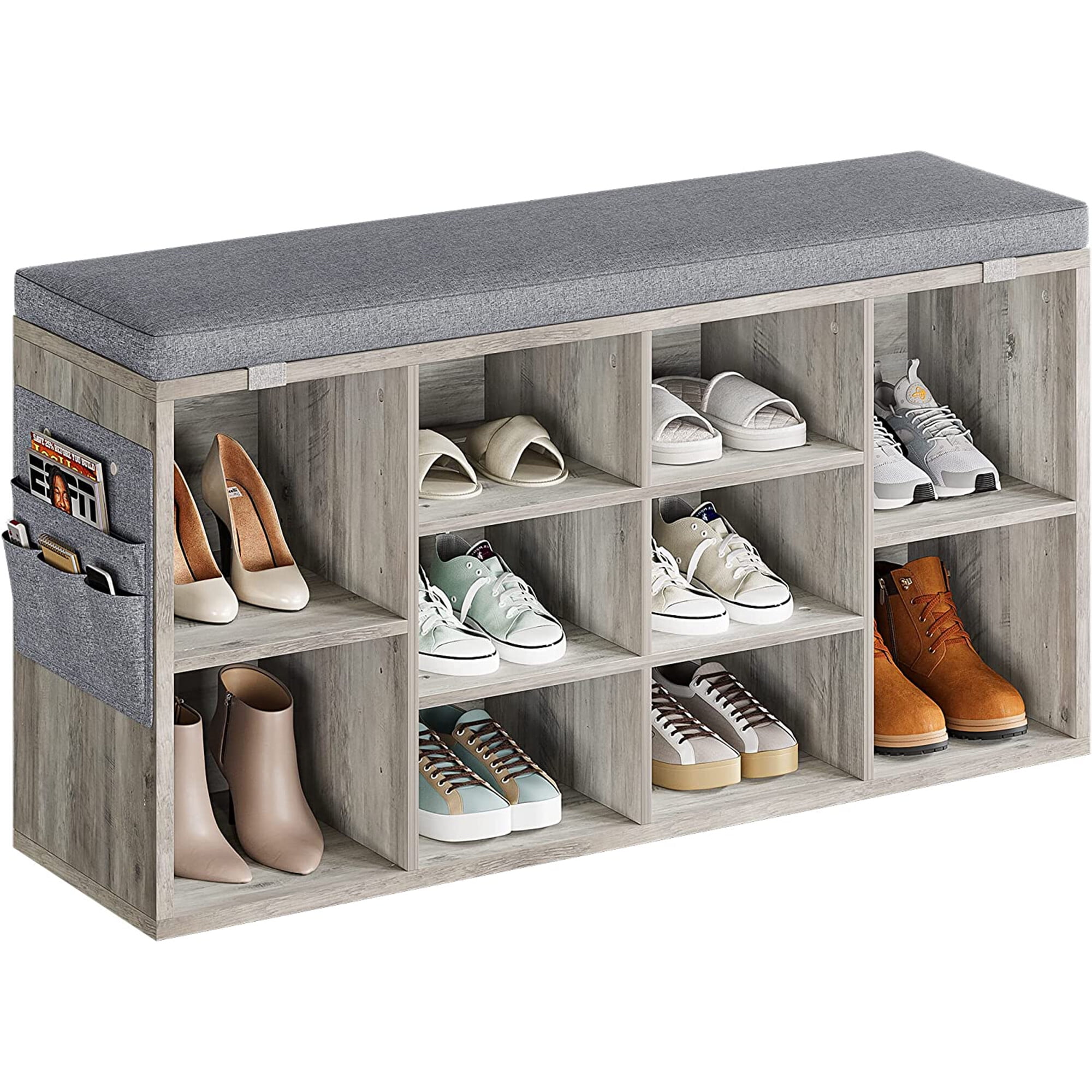 Shoe Bench with Cushion, 15-Cube Storage Bench,White