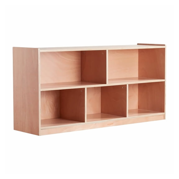 Cubby Storage Cabinet, 5 Compartment Mobile Tray Organizer for Classroom & Home, 2-Shelf Kids Cubbies, Natural Wood Finish