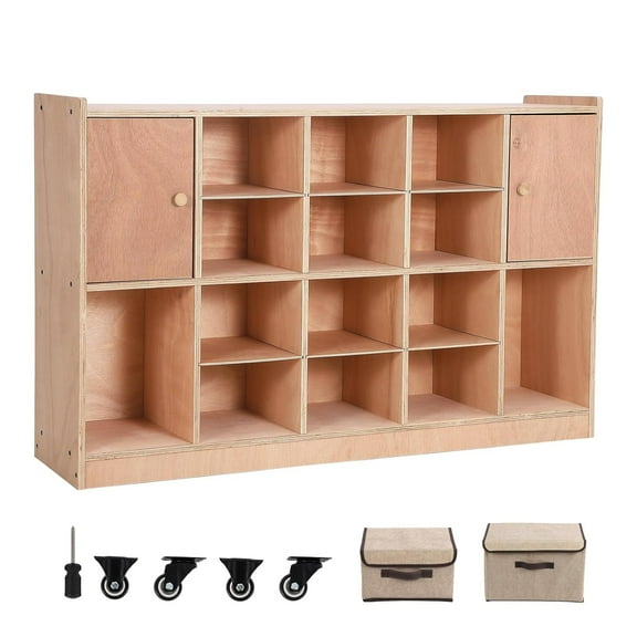 Cubby Tray Storage Cabinet with 2 Doors, Storage Organizer Cubes with 2 Anti-Flip Fittings, 4 Castors and 2 Boxes for Home, School, Kindergarten, Classroom Furniture