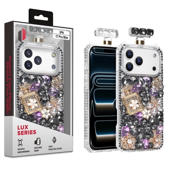 Cube - Apple iPhone 17 ProMax (6.9) - Clear TPU Perfume Bottle Shape Case with Large Black Rhinestones with Ring Stand and Detachable Strap in Premium Cube Lux Retail Box
