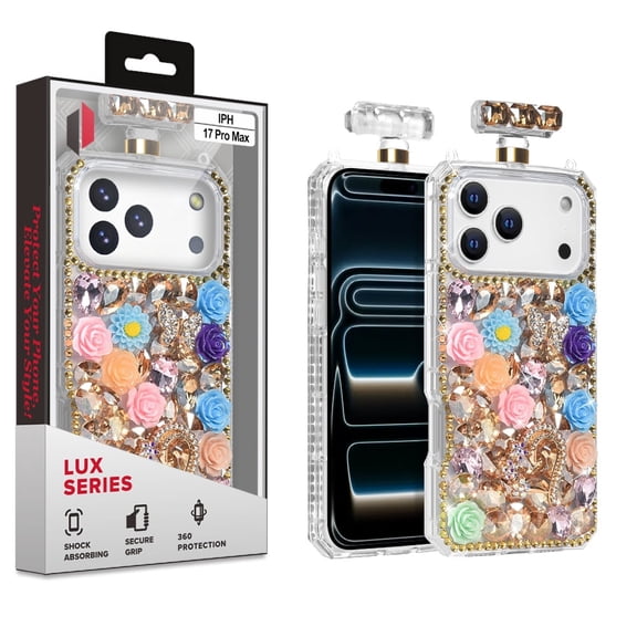 Cube - Apple iPhone 17 ProMax (6.9) - Clear TPU Perfume Bottle Shape Case with Large Floral Rose Heart Rhinestones with Ring Stand and Detachable Strap in Premium Cube Lux Retail Box