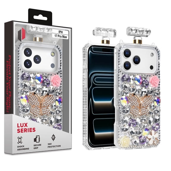 Cube - Apple iPhone 17 ProMax (6.9) - Clear TPU Perfume Bottle Shape Case with Large Silver Rhinestones with Butterfly Rose Rhinestones and Detachable Strap in Premium Cube Lux Retail Box