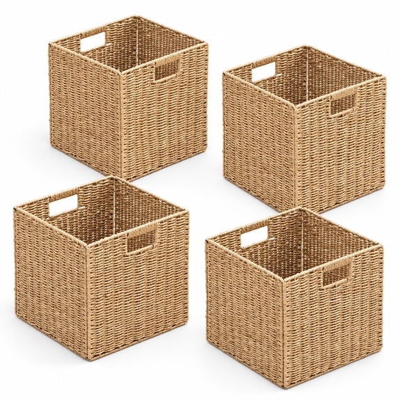 Cube Basket Organizer Set of 4, Foldable Paper Woven Storage Bins with Handles, 13" x 13" x 13", Natural, for Bedroom and Living Room