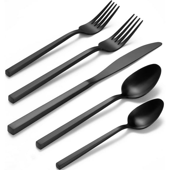 Cube Black 20-Piece Forged Silverware Set Stainless Steel Flatware Set,Service for 4,Matte Satin Polished Cutlery Set,Dishwasher Safe