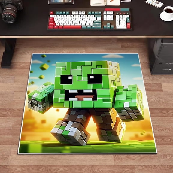 Cube Block Square Area Rug, Funny Green Cube Man with Eyes and Mouth Video Decorations Rug Chair Mat, Indoor Floor Mat for Playroom Living Room and Bedroom, Decor Room(39 x 39 Inches)