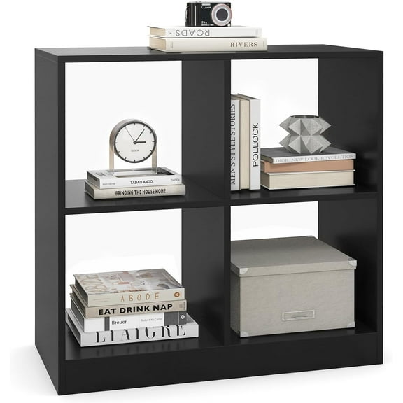 Cube Bookcase, 2-Tier Black Book Shelf with 4 Cubes, Small Bookshelf Under Window, Cubical Storage Shelves for Bedroom, Living Room, Home Office