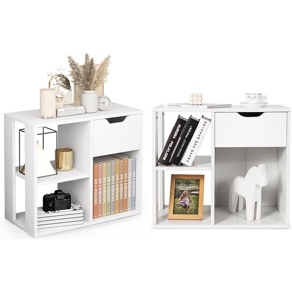 Cube Bookcase with Drawer, Tier Bookshelf for Small Space, Modern Freestanding Display Rack with Open Shelves, White Book Case, Wood Cube Storage Organizer Bedroom Living Room