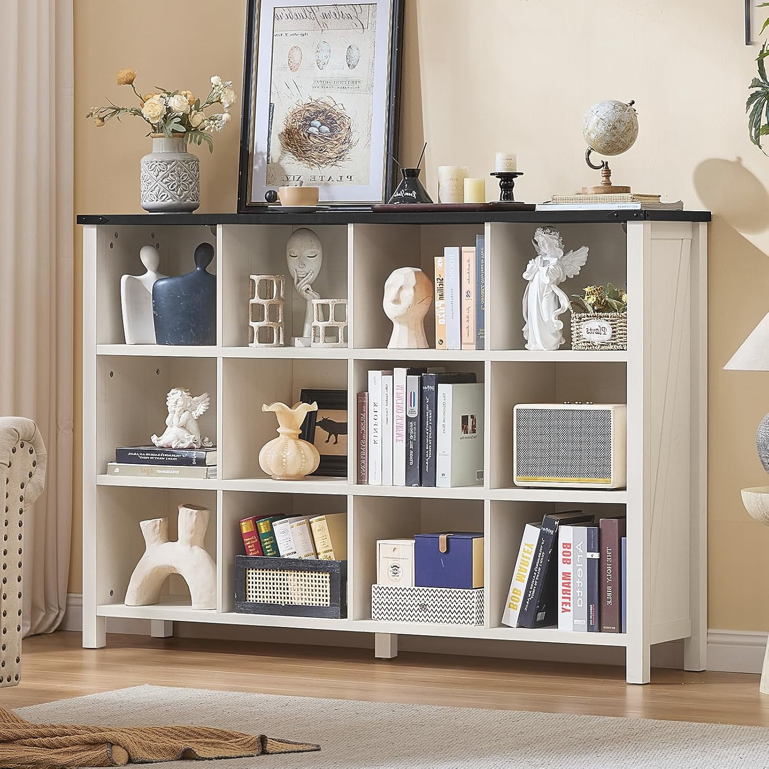 Cube Bookcase, Farmhouse Wide Wooden Bookshelf, Large Open Display
