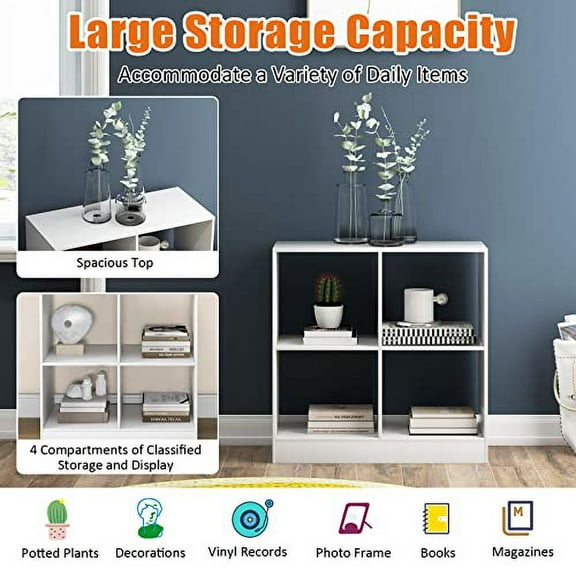 Cube Bookcase, White Book Shelf with 4 Cubes, 2-Tier Small Display Shelf, Low Bookshelf Under Window, Cubical Storage Shelves for Bedroom, Living Room, Home Office (4 Cube)