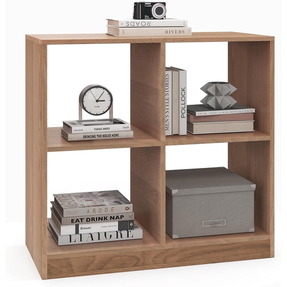 Cube Bookcase, White Book Shelf with 4 Cubes, 2-Tier Small Display Shelf, Low Bookshelf Under Window, Cubical Storage Shelves for Bedroom, Living Room, Home Office (Natural, 4 Cube)