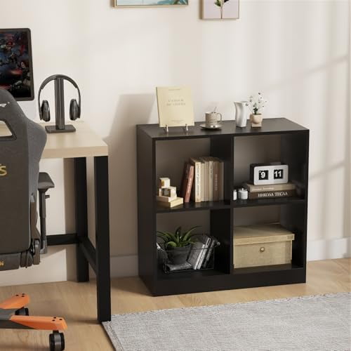 Cube Bookcase, White Book Shelf with 4 Cubes, 2-Tier Small Display Shelf, Low Bookshelf Under Window, Cubical Storage Shelves for Bedroom, Living Room, Home Office