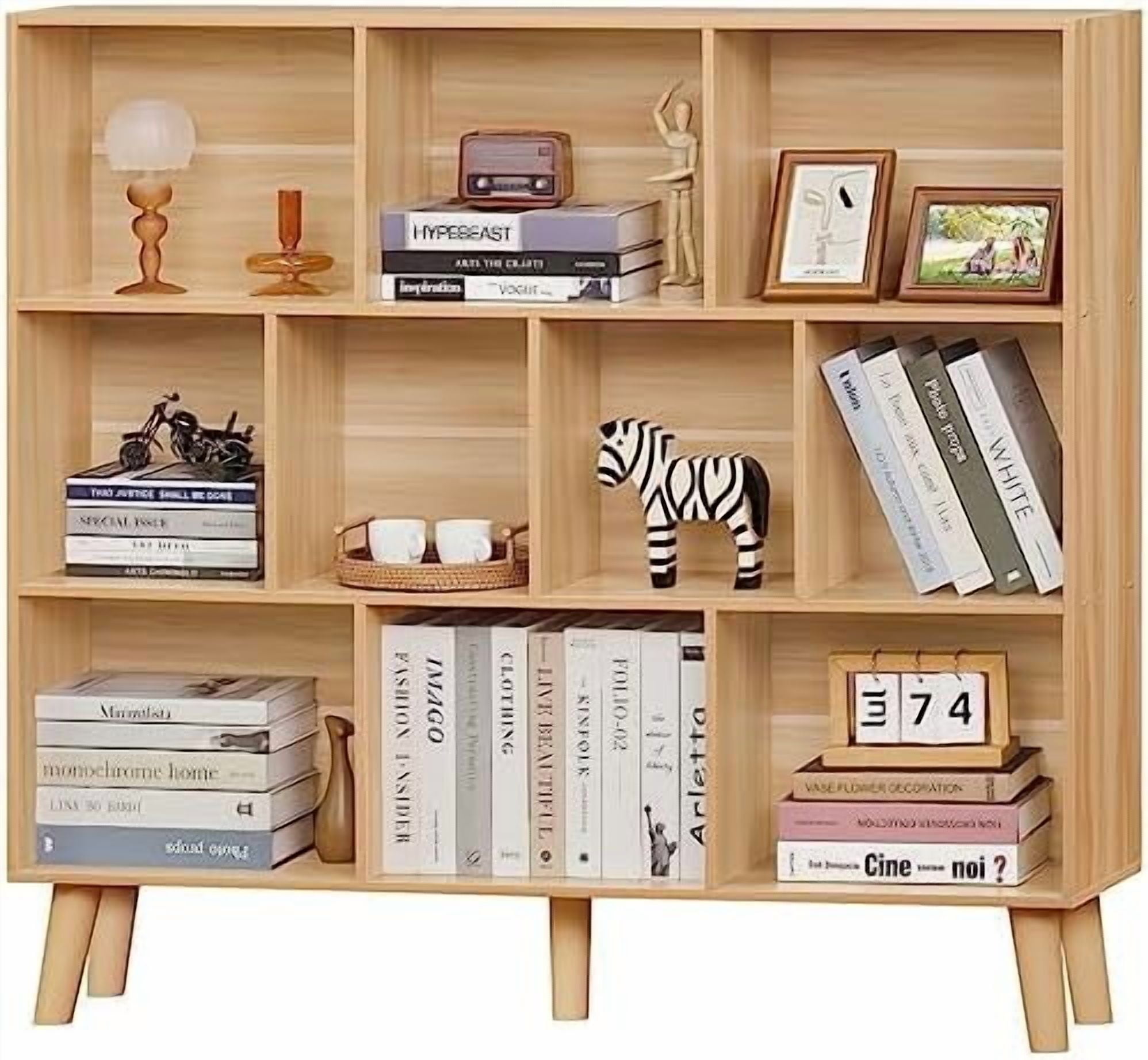 Cube Bookshelf 3 Tier Mid-Century Rustic Brown Modern Bookcase with ...