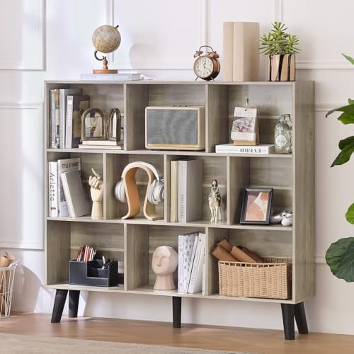 Cube Bookshelf 3 Tier Mid-Century Rustic Brown Modern Bookcase with ...