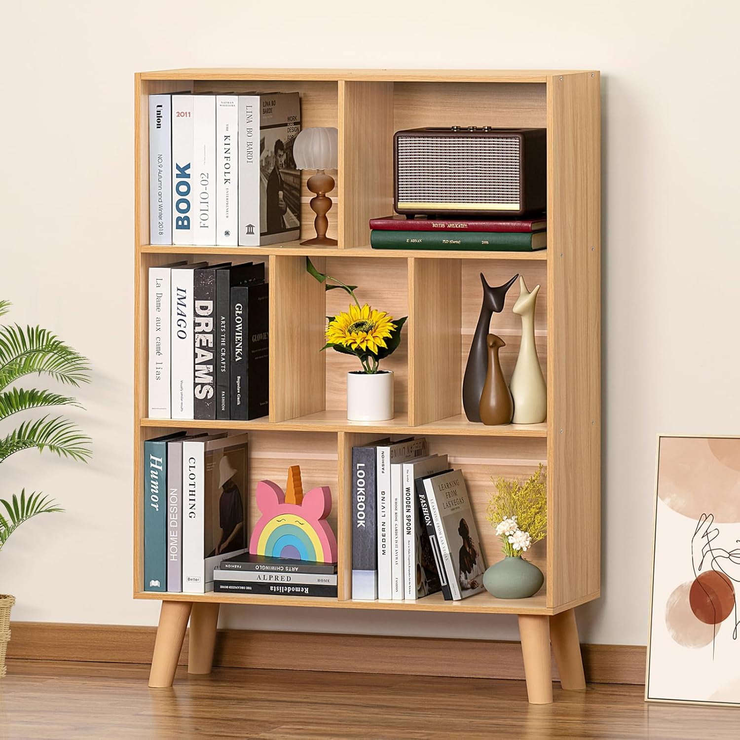 Cube Bookshelf 3 Tier Mid-Century Rustic  Modern Bookcase with Legs,Retro Wood Bookshelves Storage Organizer Shelf,Freestanding Open Book Shelves for Bedroom,Living Room,Office
