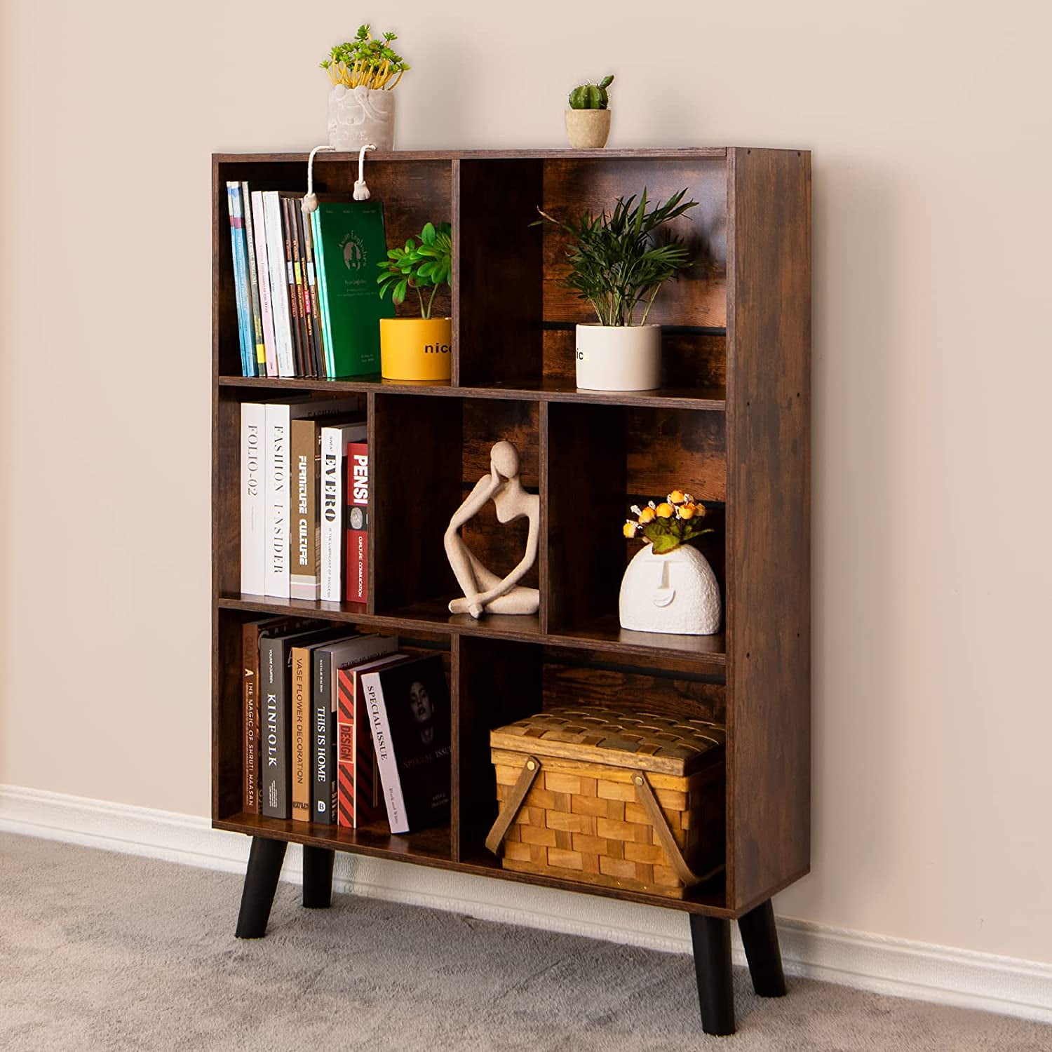 Cube Bookshelf 3 Tier Mid-Century Rustic  Modern Bookcase with Legs,Retro Wood Bookshelves Storage Organizer Shelf,Freestanding Open Book Shelves for Bedroom,Living Room,Office
