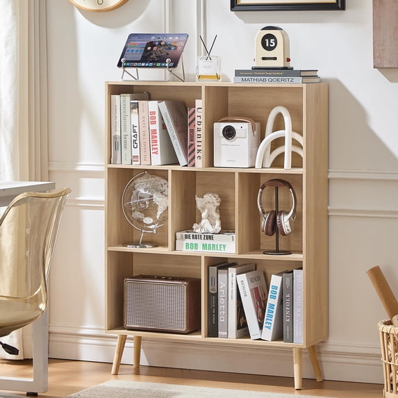 Cube Bookshelf 3 Tier Mid-century Light Wood Modern Bookcase With Retro ...