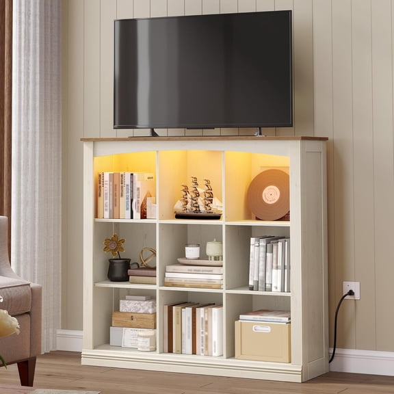 Cube Bookshelf, 9 Cube Storage Organizer, 3 Tier Wood Cubby Bookshelf with Led Lights and Charging, Low Bookcase for Bedroom, Office, Living Room, White BC33314X
