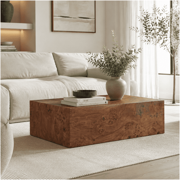 Cube Coffee Side End Table, Burl Walnut Veneer MDF Construction, 39.4" W 21.7" D 11.8" H, Multi-Purpose Design for Living Spaces