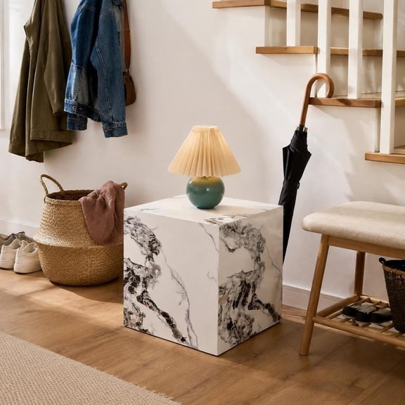 Cube Coffee Table, 15.75-Inch, White MDF, Textured Pattern, For Living Room