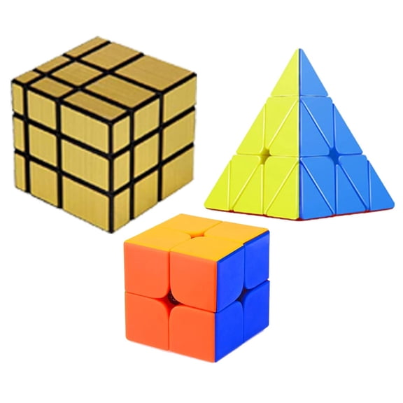 Cube Combo Set of 2X2, Gold Mirror, Pyraminx High Speed Stickerless Magic Cube Puzzle (CUBE-2GP)