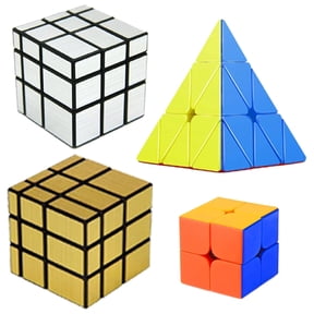 Cube Combo Set of 2X2, Gold Mirror, Silver Mirror, Pyraminx High Speed Stickerless Magic Cube Puzzle (CUBE-2GSP)