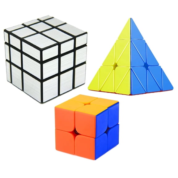 Cube Combo Set of 2X2, Silver Mirror, Pyraminx High Speed Stickerless Magic Cube Puzzle (CUBE-2SP)