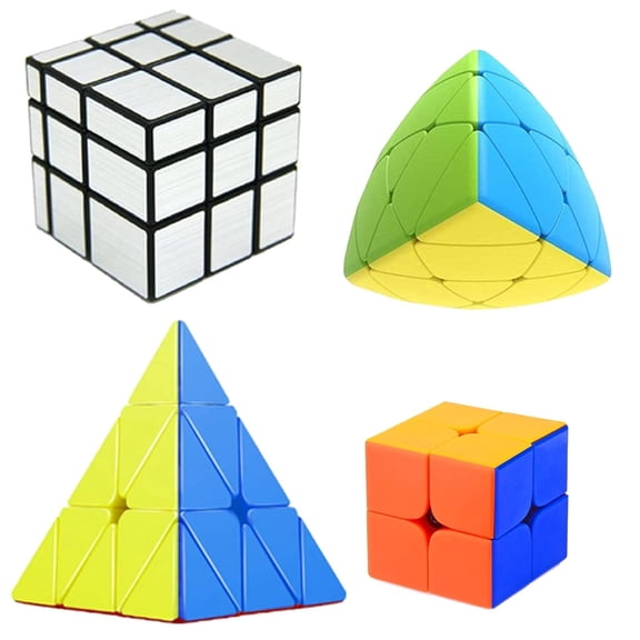 Cube Combo Set of 2X2, Silver Mirror, Pyraminx, Mastermorphix High Speed Stickerless Magic Cube Puzzle (CUBE-2SPPY)