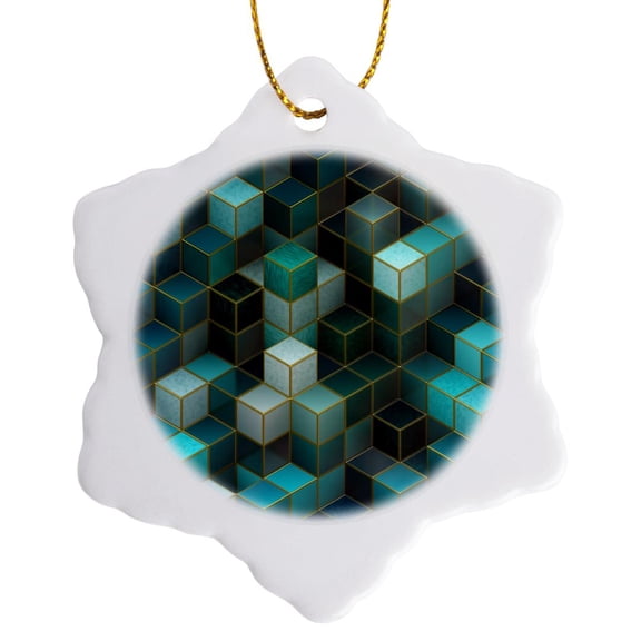 3drose, Cube Design in Teal and Green, 3 inch Snowflake Porcelain Ornament