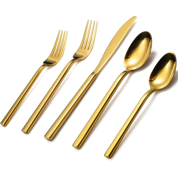 Cube Gold 20-Piece Flatware Set, Forged Cutlery Set, Mirror Finish Silverware Service for 4, Stainless Steel Tableware with Square Handle for Home/Restaurant, Dishwasher Safe